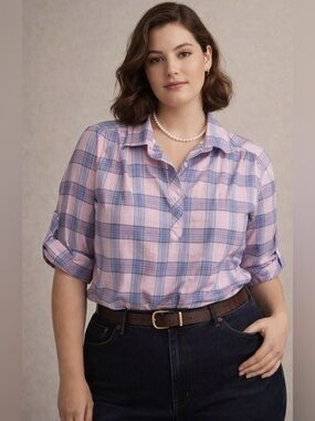 Vintage 80s - Plaid Button-Down Short Sleeve Roll tan Shirt in puple and Blue